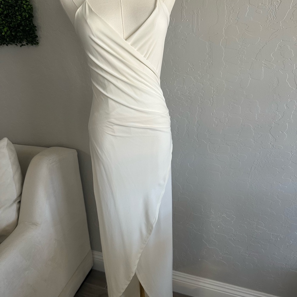 White Asymmetrical Plunge Sheath Dress